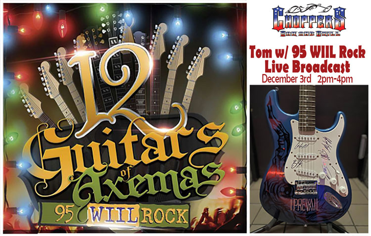 Come out to Choppers to see 95 WIIL Rock Live & Register to Qualify to WIN 1 of the 12 Guitars of Axe-mas!!
Saturday – December 3rd 2-4 pm
I Prevail Autographed Guitar Will Be On Display At Choppers
Complete list of who autographed the 12 guitars... Shinedown, Five Finger Death Punch, Korn, Evanescence, I Prevail, Bring Me The Horizon, In This Moment, Nothing More, Royal Bliss, Highly Suspect, Ghost, and Jelly Roll.