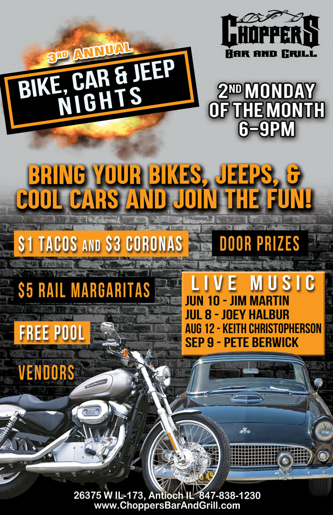 3rd Annual Bike, Cars and Jeeps Nights – 2nd Monday of the Month, Starting June 10th

Bring your Bikes, Jeeps, & Cool cars and join the fun!

$1 Tacos and $3 Coronas
$5 Rail Margaritas
Door Prizes -- Free Pool -- Vendors

Live Music: 
Jun 10 - Jim Martin
Jul 8 - Joey Halbur
Aug 12 - Keith Christopherson
Sep 9 - Pete Berwick