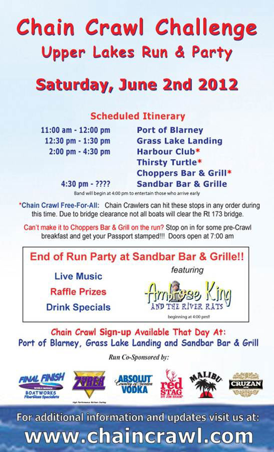 Chain Crawl Challenge Upper Lakes Run & Party Saturday, June 2nd 2012  2:00-4:30pm Stop at Choppers. Cant make it to Choppers Bar & Grill on the run? Stop on in for some pre-Crawl breakfast and get your Passport stamped!!! Doors open at 7:00 am. Chain Crawl Membership Sign-up Available That Day At: Port of Blarney, Grass Lake Landing and Sandbar Bar & Grill.  For more information: http://www.chaincrawl.com.  Facebook event page:  http://www.facebook.com/events/454442924583837