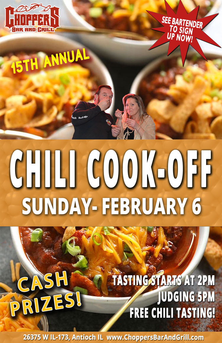 Get your pots and recipes ready! It's CHILI COOK-OFF TIME!!  Let's see who gets the bragging rights at our 15th Annual Chili Cook-Off on February 6th. 

Free Chili Tasting Starts at 2 PM - Judging 5 PM
Cash Prizes!!
See bartender to sign up!
Spread the word