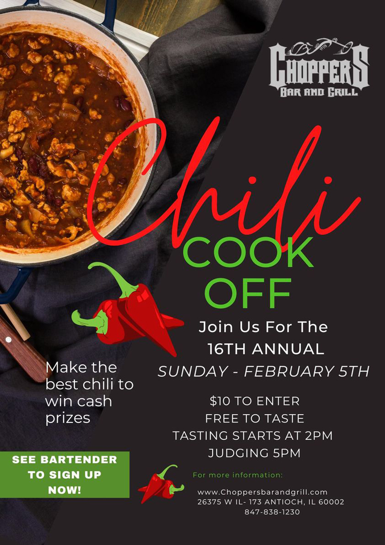 Get your pots and recipes ready! It's CHILI COOK-OFF TIME! Let's see who gets the bragging rights at our 16th Annual cook-off on February 5th. Free Chili Tasting Starts at 2 PM - Judging 5 PM. Cash Prizes!See bartender to sign up!
Spread the word!