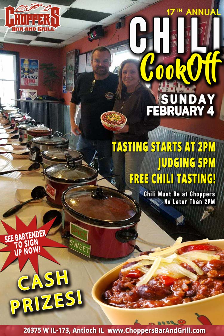 Get your pots and recipes ready! It's CHILI COOK-OFF TIME! Let's see who gets the bragging rights at our 17th Annual cook-off on February 4th. Free Chili Tasting Starts at 2 PM - Judging 5 PM. Cash Prizes!See bartender to sign up!Spread the word!