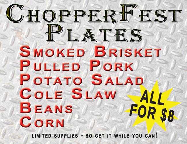 Chopperfest Plates: Smoked brisket and pulled pork, potato salad, cole slaw, corn, and beans – All for $8. Plates being served later in the afternoon during Chopperfest, Saturday August 19, 2017.