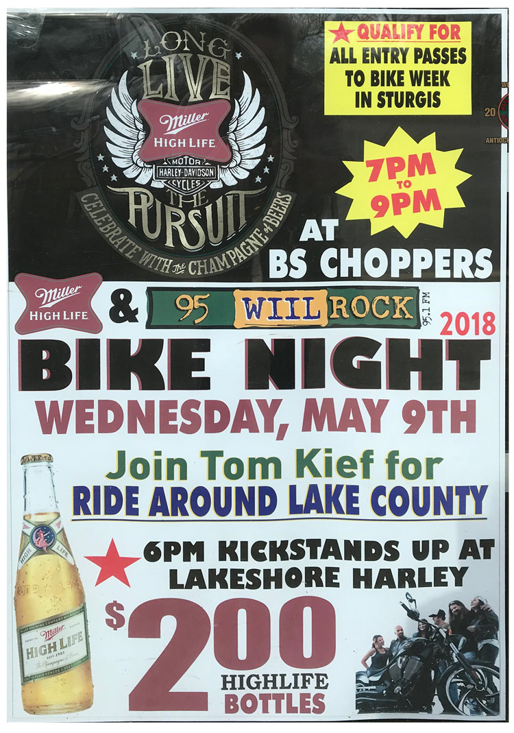 Join Tom Kief from the 95 WIIL ROCK Morning Show at Choppers Bar and Grill for Bike Night this Wednesday, May 9th from 7-9PM for a LIVE BROADCAST! Win Jesse James Bourbon Swag!
$2 High Life Bottles 
Qualify for All Entry Passes to Bike Week in Sturgis!
Kickstands up at 6pm at Lake Shore Harley-Davidson! (In order to qualify for the Sturgis camping prize you must go on that nights ride)