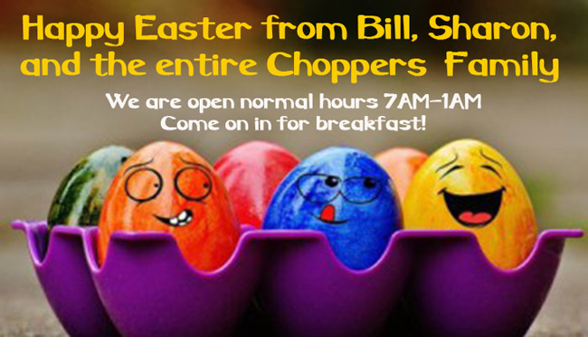 We are open on Easter Day!
Check Out the EASTER weekend activities and specials.
Don't Forget To Start Your Day with Our Awesome Breakfast and Bloody Marys!

FRIDAY  Open 10 AM-2 AM
Fish Fry 1pm - 10 pm $3.50 Bombs (Jagermeister or Dr flavors) Happy Hour 8pm-10pm $3 Shots of Fire Ball or Jack Fire

SATURDAY  Open 7 AM-2 AM
DJ Karaoke 8PM till Midnight
Fish Basket - Fish Taco $3.50 Bombs (Jagermeister or Dr flavors) Happy Hour 8pm-10pm $3 Shots of Fire Ball or Jack Fire

SUNDAY Open 7 AM-1 AM
$ .35 Wings - 6 Flavors Limit 24 per person. Dine-In Only No To-Go Containers 

BE SAFE! Use Our FREE Bus Shuttle To Pick You Up and Take You Home! Call 847-838-1230 to Schedule!  *Rides are free, but please tip your driver.