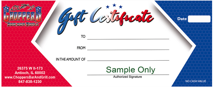 Christmas is Coming! Not sure what to buy for Christmas? Give Choppers Gift Certificates - they will love you! They can have a night out without cooking or they can pick out the perfect Choppers T-Shirt or Sweatshirt!