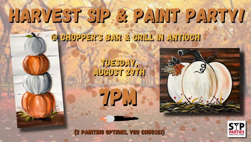 Join us for this fun Harvest  SIP & Paint Party! SIP Parties is a unique twist on your typical SIP & Paint party experience! Enjoy a lively performance that brings humor and audience interaction to detailed art instruction.  Whether you’re looking to do a girls night out or enjoy a date night with the hubby, this is a perfect local activity.