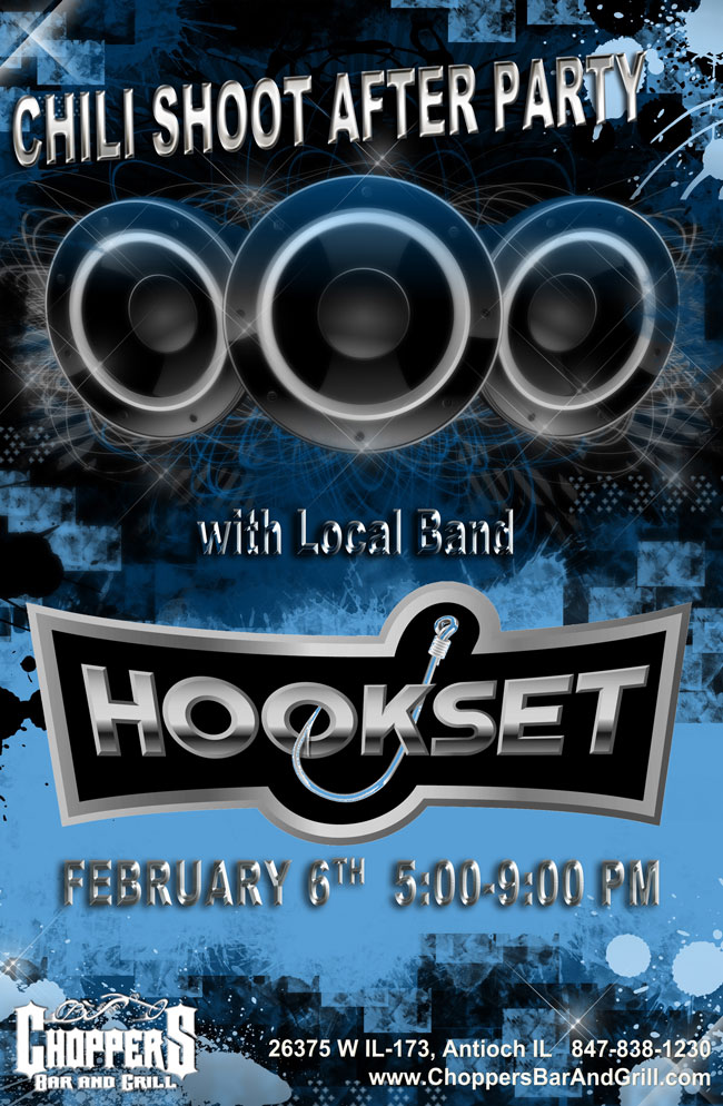 The Chili Shoot After Party is at Choppers. Local Band, Hookset, will be playing 5-9pm on February 6, 2016.