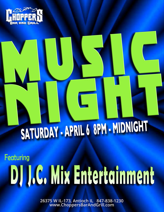 Come out with your friends and enjoy music Saturday night from 8PM - Midnight. Featuring DJ JC Mix Entertainment.

We have $3.50 Bombs (Jagermeister or Dr flavors) All Day!

Happy Hour from 8 PM – 10 PM 
$3 Shots of Fire Ball or Jack Fire