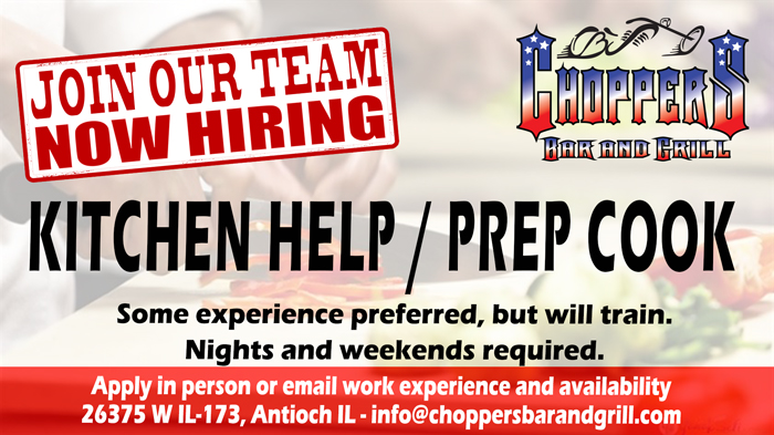 Join our Team! Now hiring for Kitchen Help / Prep Cook! Some experience preferred, but will train. Nights and weekends required.  Apply in person or email work experience and availability
26375 W IL-173, Antioch IL