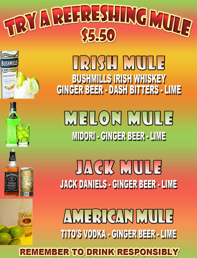 Try A Refreshing Mule $5.50
Irish Mule: Bushmills Irish Whiskey, Ginger Beer,  Dash Bitters and Lime Melon Mule: Midori, Ginger Beer and Lime
Jack Mule: Jack Daniels, Ginger Beer and Lime
American Mule: Tito's Vodka, Ginger Beer and Lime
Remember To Drink Responsibly