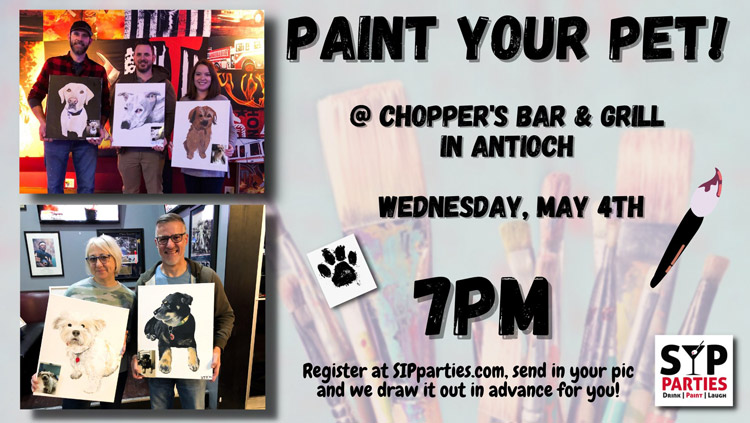Join us to paint your pet on May 4th, 2022! SIP Parties is a unique twist on your typical SIP & Paint party experience! Enjoy a lively performance that brings humor and audience interaction to detailed art instruction. Whether you're looking to do a girls night out or enjoy a date night with the hubby, we are the perfect local activity.