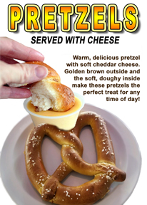 Now serving warm, delicious pretzels with soft cheddar cheese. Golden brown outside and the soft, doughy inside make these pretzels the perfect treat for any time of day!