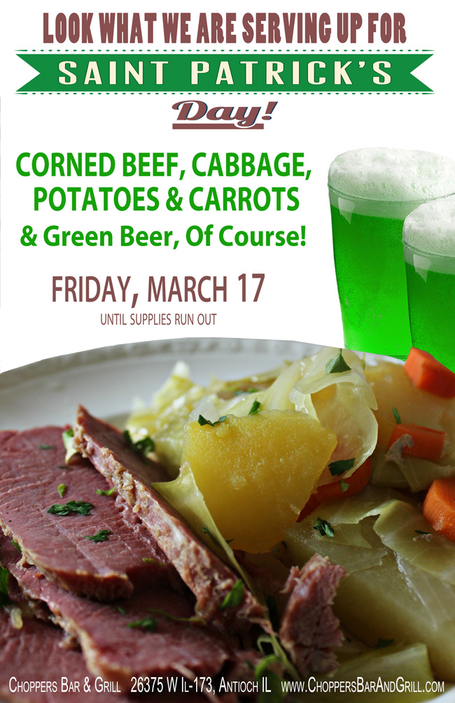 Look what we are serving up for St. Patrick's Day! Corned Beef, Cabbage, Potatoes and Carrots. And Green Beer, Of Course! Friday, March 17, while supplies last. $3.50 Bombs (Jagermeister or Dr flavors) Happy Hour 8pm-10pm. $3 Shots of Fire Ball or Jack Fire