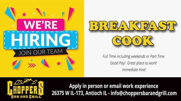 We're Hiring!! Come join our fun team at Choppers Bar and Grill!  Looking for a BREAKFAST COOK. Full time (including weekends) or Part time.  Immediate hire!
Apply in person or send us a message.