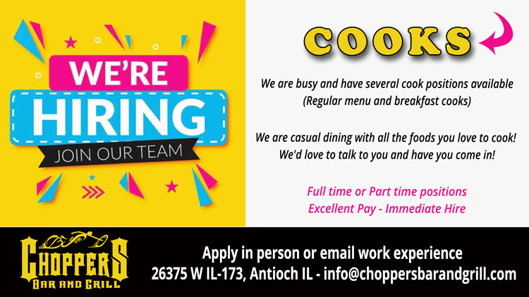 Looking for COOKS to complete our team! Immediate Hire!
We are busy and have several cook positions available. (Regular menu and breakfast cooks). We are casual dining with all the foods you love to cook! 
We'd love to talk to you and have you come in!
Full time or Part time positions. 
Apply in person or send us a message.